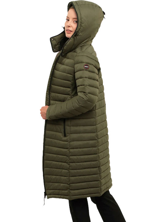Women's Long Puffer Jacket for Winter with Hood Khaki