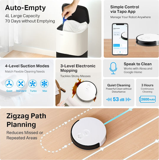 TP-LINK Tapo RV10 Plus Aspirator Robot pentru Aspirare & Spălare cu Wi-Fi Albă