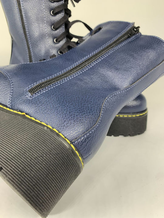 Leather Women's Ankle Boots with Medium Heel Blue