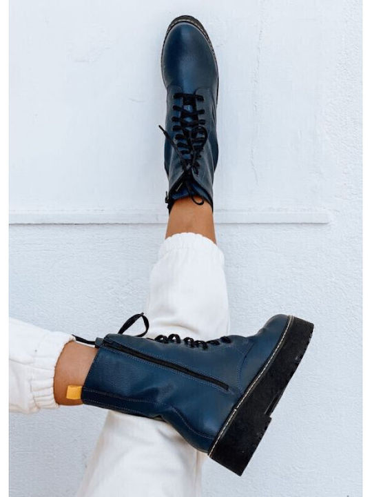 Leather Women's Ankle Boots with Medium Heel Blue