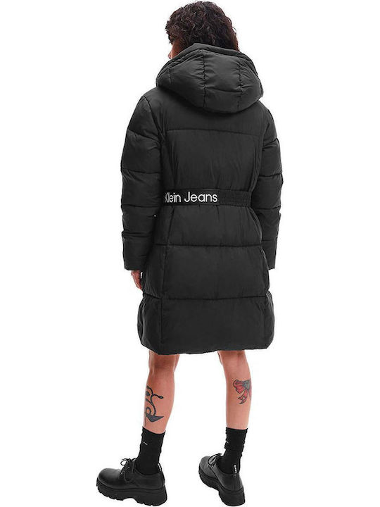 Women's Long Puffer Jacket for Spring or Autumn with Hood Black