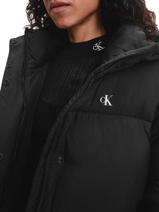 Women's Long Puffer Jacket for Spring or Autumn with Hood Black