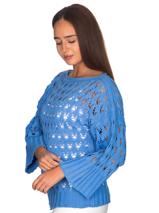 Vera Damen Sommerliche Bluse Baumwoll mit 3/4 Ärmel & Smiley-Ausschnitt Blau