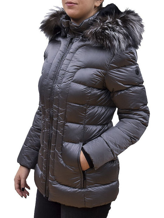 Belvitesse Short Women's Puffer Jacket with Furry Hood for Winter Gray