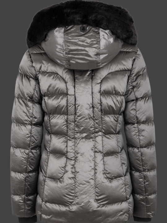 Belvitesse Short Women's Puffer Jacket with Furry Hood for Winter Gray