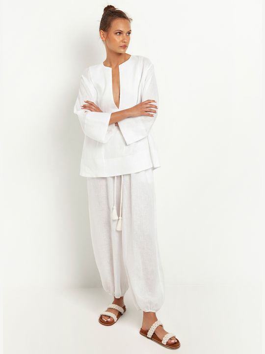 Greek Archaic Kori Summer Linen Tunic Long Sleeve White