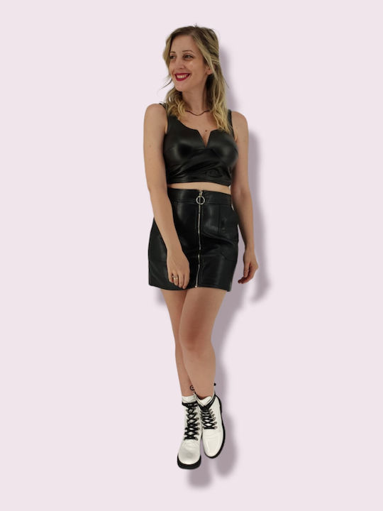 Sushi's Closet pentru Femei Crop Top din Piele cu Bretele Negru