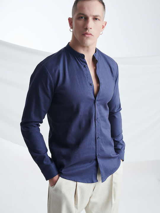 P/Coc Men's Shirt Short Sleeve Linen Navy Blue