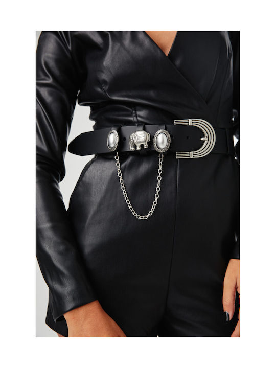 Leathertwist Women's Wide Leather Chain Belt Black