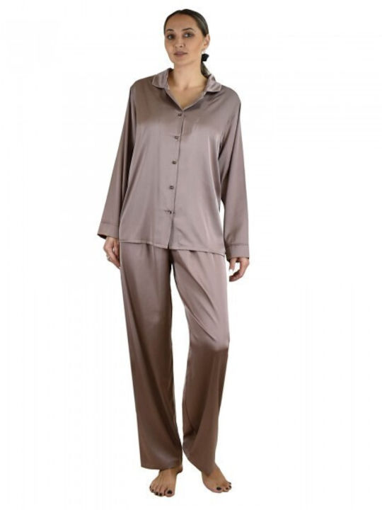 Rachel Winter Women's Pyjama Set Satin Brown