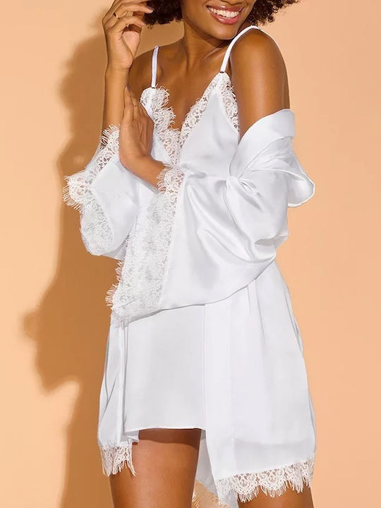 La Lolita Amsterdam Winter Braut Damen Satin Robe mit Nachthemd Weiß