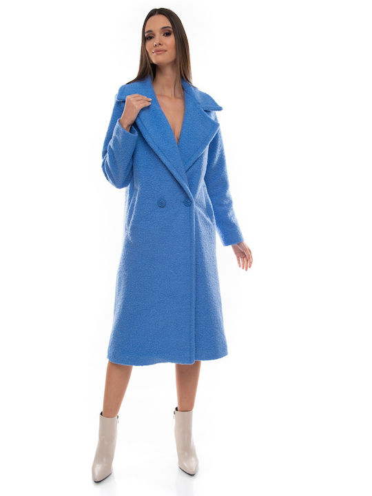 Raffaella Collection Women's Curly Midi Coat with Buttons Blue