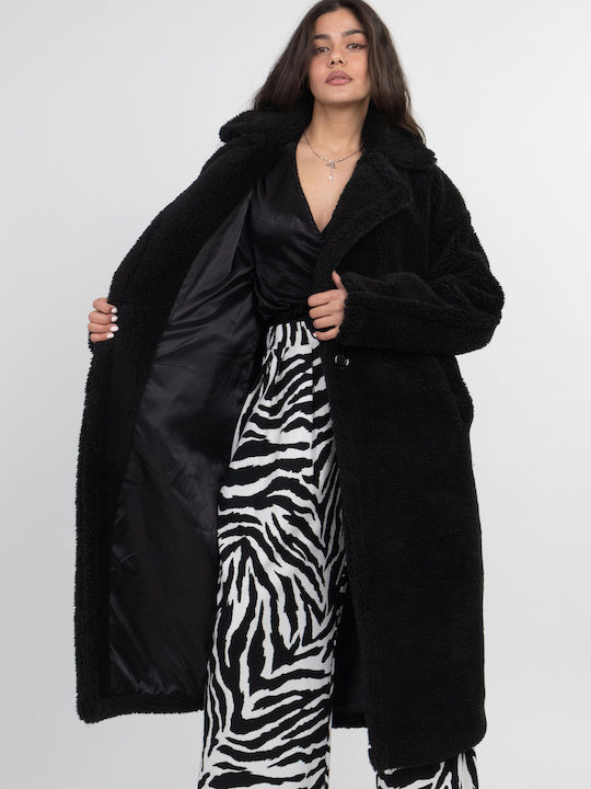 Γυναικείο Μαύρο Παλτό Oversized Teddy με Κουμπιά
