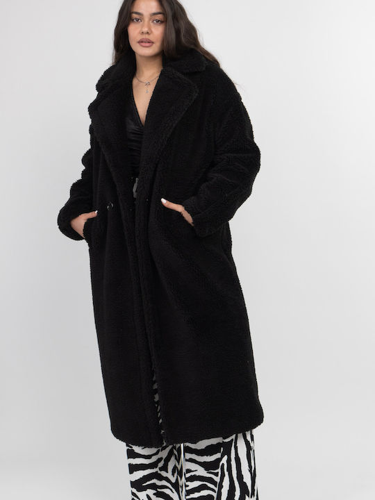 Γυναικείο Μαύρο Παλτό Oversized Teddy με Κουμπιά