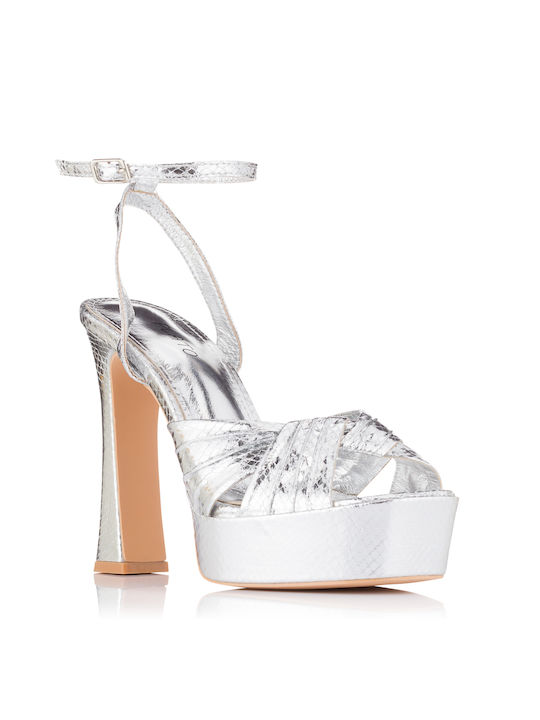 Plato Platform Leather Women's Sandals with Ankle Strap Silver