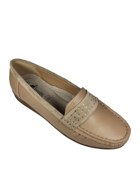 Leather Women's Moccasins in Beige Color
