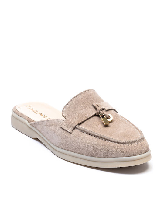 Philippe Lang Mules mit Wohnung Absatz in Beige Farbe