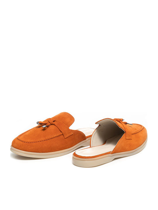 Flach Leder Mules in Orange Farbe