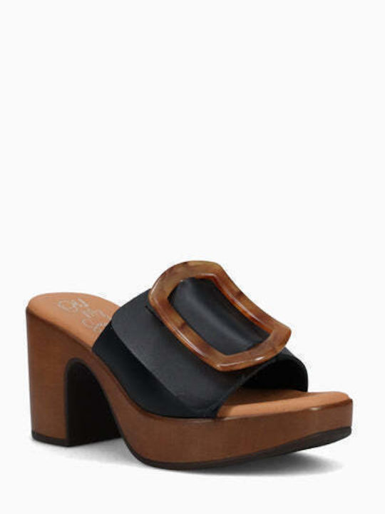 Oh My Sandals Δερμάτινα Mules με Χοντρό Ψηλό Τακούνι σε Μαύρο Χρώμα