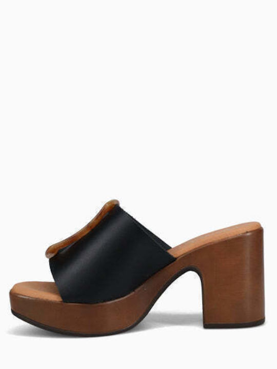 Leather Mules with Chunky High Heel in Black Color