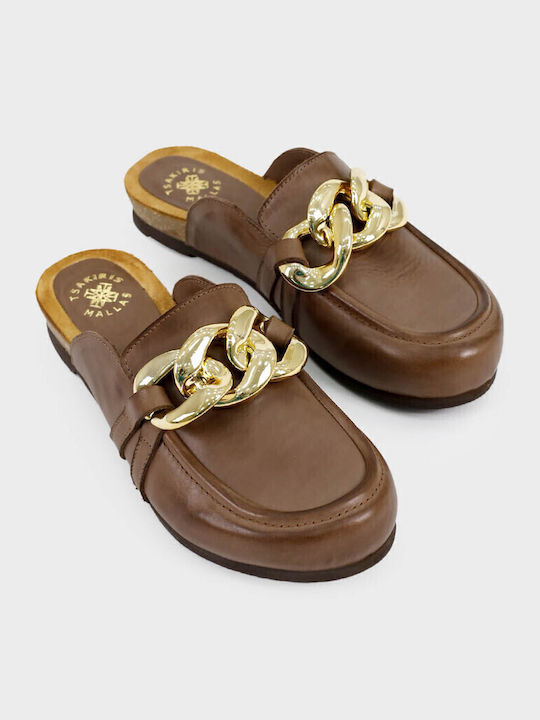 Flach Leder Mules in Braun Farbe