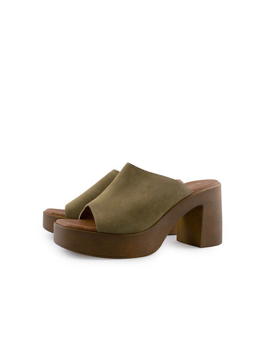 Love4shoes Chunky Heel Mules Khaki