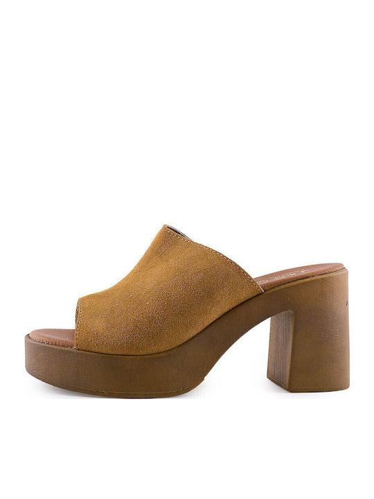 Mules with Chunky High Heel in Tabac Brown Color