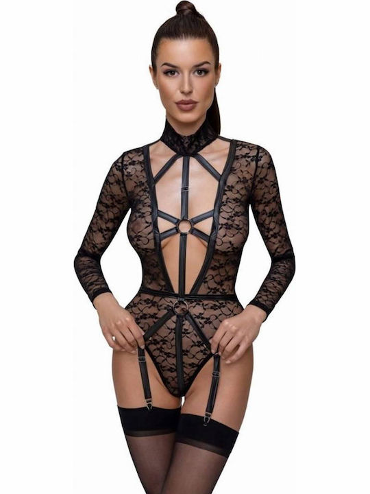 Cottelli Collection Body Sexy Bodysuit with Transparency & Lace & Garters Black