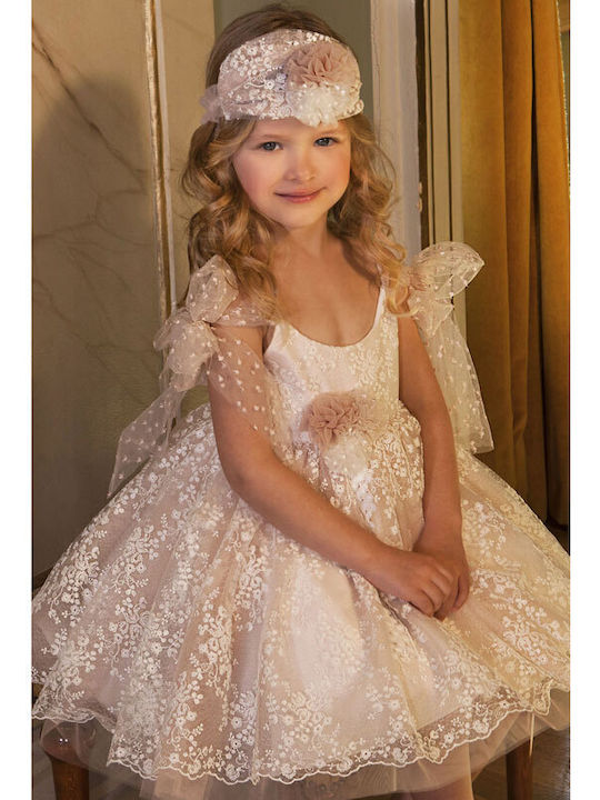 Dolce Bambini Розов Комплект Кръщенски Дрехи с Аксесоари за коса и Рокля от Дантела 2бр