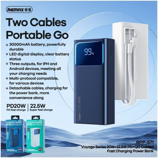 Remax RPP-571 Power Bank 30000mAh with USB-A Output Port Blue