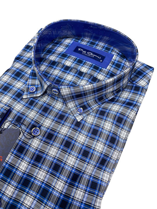 Poli Gianni Men's Shirt Long Sleeve Cotton Checked Blue