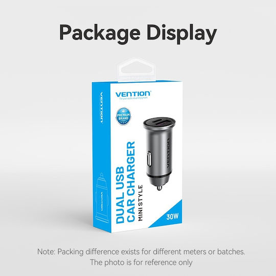 Vention Φορτιστής Αυτοκινήτου 30W με Θύρες: 1xUSB 1xType-C Γκρι