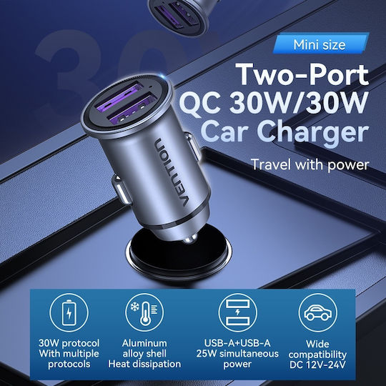 Vention Φορτιστής Αυτοκινήτου 30W με Θύρες: 2xUSB Γκρι