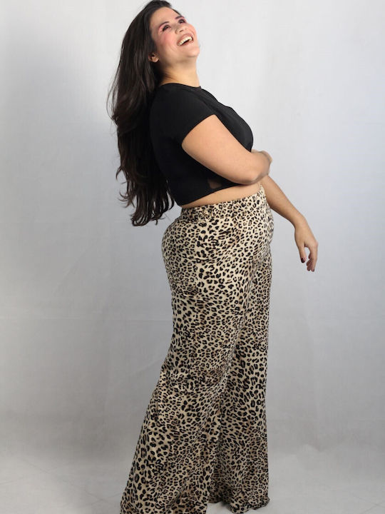 Honey Damen Samt Palazzo-Hose mit Gummizug in Normaler Passform Leopard