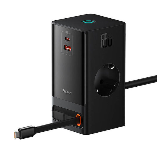 Baseus Βάση Φόρτισης με Θύρα USB-A και Θύρα USB-C και Καλώδιο USB-C 65W σε Μαύρο χρώμα (PowerCombo Digital Powerstrip)
