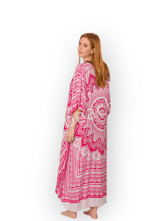 Kaftan de plajă din viscoză 654 Rima alb-fuchsia