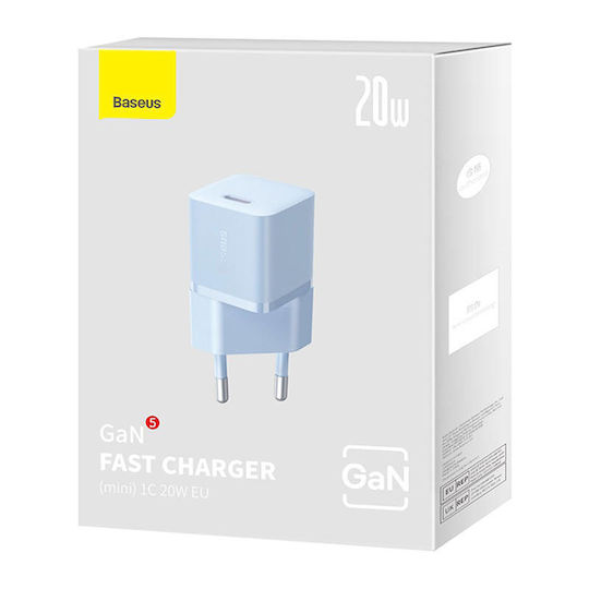 Baseus Ladegerät ohne Kabel GaN mit USB-C Anschluss 20W Stromlieferung / Schnellaufladung 5.0 Blau (Gan5)