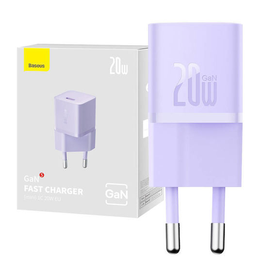 Baseus Ladegerät ohne Kabel GaN mit USB-C Anschluss 20W Stromlieferung / Schnellaufladung 5.0 Lila (Gan5)