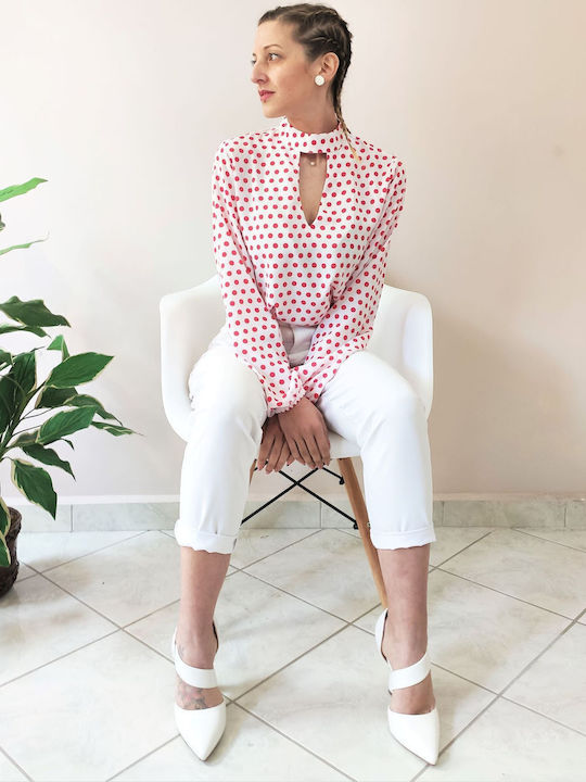 Langärmelig Damen Hemd Weiß Polka Dot