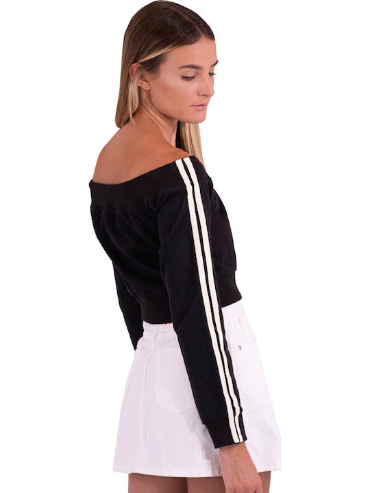 Damen Crop Top Schulterfrei Baumwoll Langärmelig Schwarze