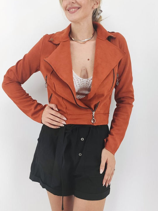 Women's Short Biker Suede Jacket for Winter Orange