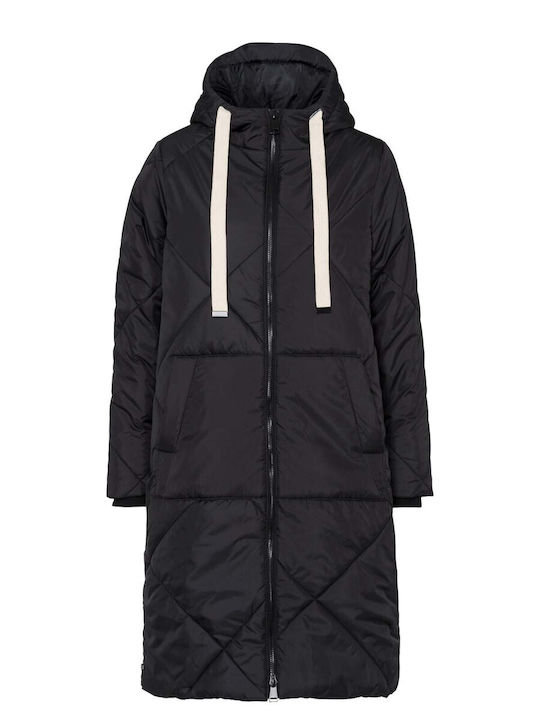 More Women's Long Puffer Jacket for Spring or Autumn with Hood Black