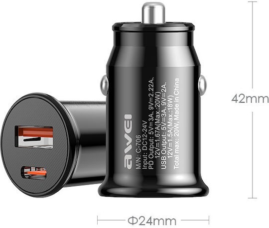 Awei Car Charger Black Fast Charging with a Port USB with Cable Type-C