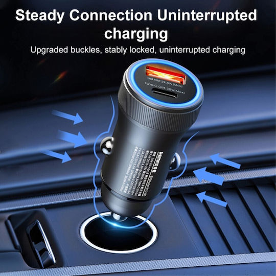 Remax Car Charger Black Series Fast Charging with Ports: 1xUSB 1xType-C