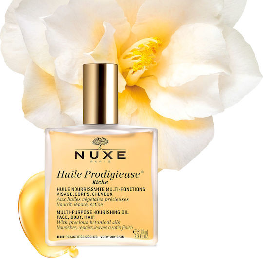 Nuxe Huile Prodigieuse Rich Multipurpose Organic and Dry Monoi Oil for Face, Hair, and Body 100ml