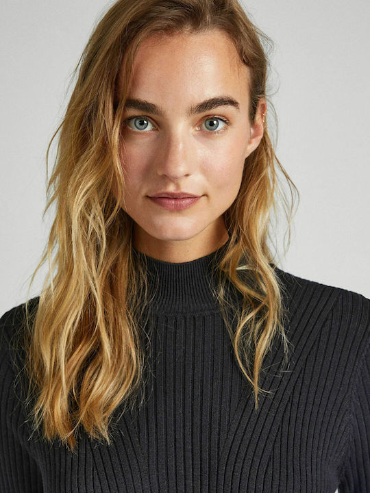 Dalia Midi Dress Knitted Turtleneck with Tearing Black
