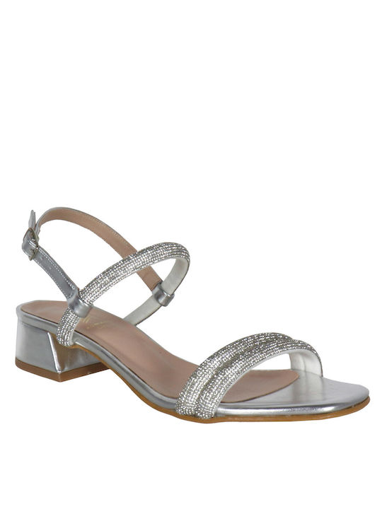 koniaris Synthetic Leather Women's Sandals with Strass Silver with Chunky Low Heel