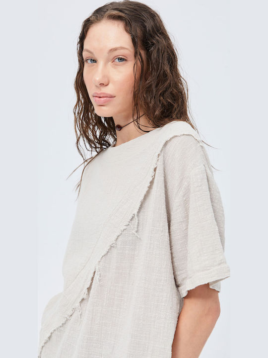 Women's Summer Blouse Cotton Short Sleeve Beige
