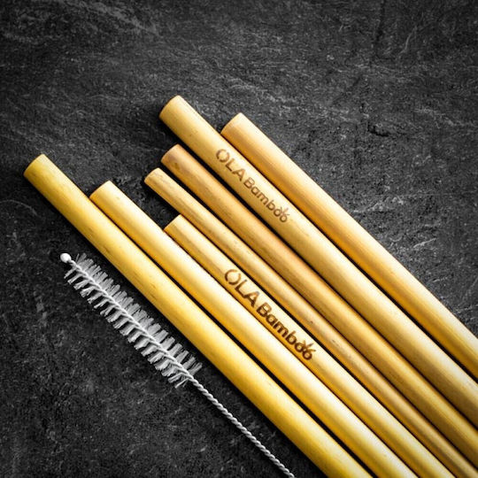 Ola Bamboo Καλαμάκια Μπαμπού Καφέ με Βουρτσάκι 6τμχ