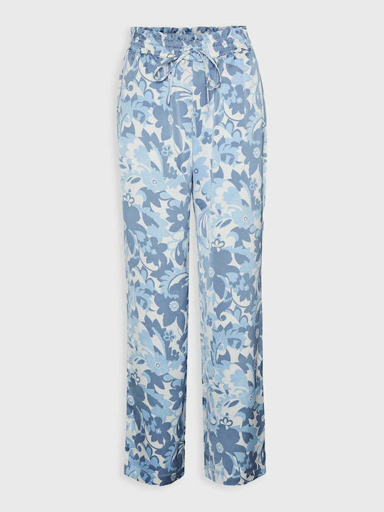 Vero Moda Women's Fabric Trousers with Elastic in Wide Line Floral Light Blue